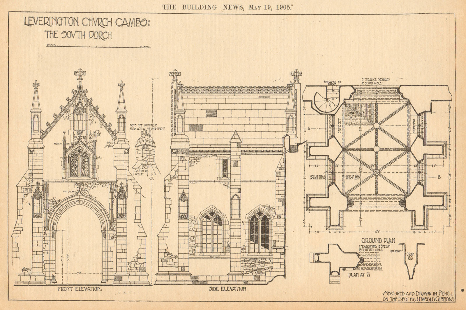 Leverington Church, Cambridgeshire. South porch. Drawn by J. Harold Gibbons 1905